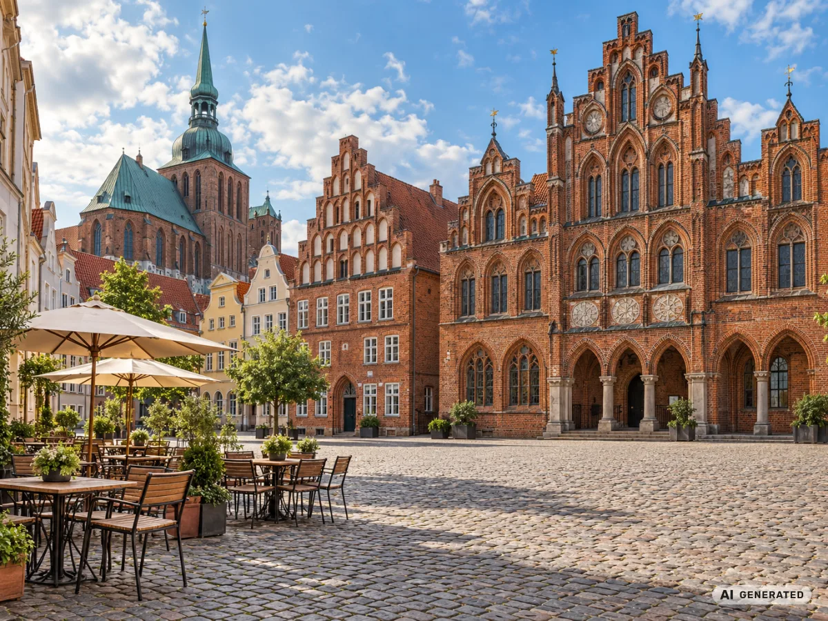 KI-generiertes Symbolbild: Marktplatz mit gotischen Backsteingiebeln und Café-Terrasse